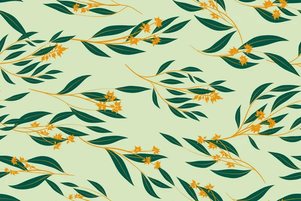 Patrón brillante sin costura floral. Vector Eucalyptus Leaves and Beautiful Blossom Elements. Fondo colorido del verano botánico. Patrón sin costura floral para el diseño de la boda, impresión, textil, tela, papel — Vector de stock