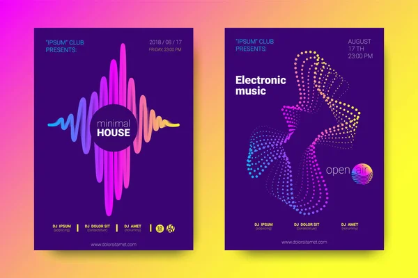 Affiches musicales avec égaliseur et vagues de lignes déformées colorées . — Image vectorielle