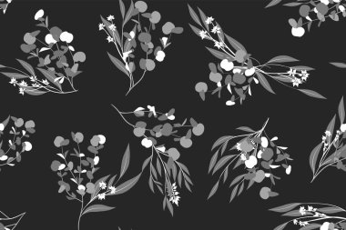 Okaliptüs vektör. Tek renkli Dikişsiz desen vektör yaprak, dal ve çiçek öğe ile. Rustik düğün tasarım, kumaş, tekstil, zarif arka plan elbise. Okaliptüs vektör Vintage tarzı