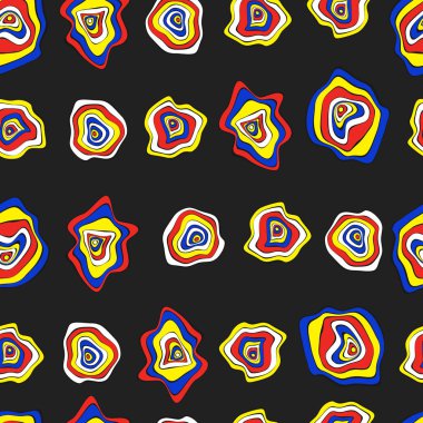 Elle çizilmiş dalgalı daireler. Etnik tarzda arka plan sorunsuz. Vektör deforme mermi ile Psychedelic desen. Dalga Dikişsiz desen kumaş, tekstil, kumaş tasarımı için. Bozulma, noktalar.