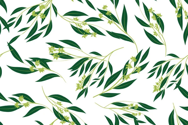 Dibujado a mano patrón sin costuras de eucalipto. Fondo Vintage con hermoso vector eucalipto palma helecho, hojas verdes, follaje tropical. Patrón sin costura de eucalipto para el diseño de la boda, textil, impresión . — Vector de stock