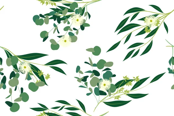 Hand Drawn Eucalyptus Seamless Pattern. Vintage Background with Beautiful Vector Eucalyptus Palm Fern, Green Leaves, Tropical Foliage. Eucalyptus Seamless Pattern for Wedding Design, Textile, Print. — Stock Vector