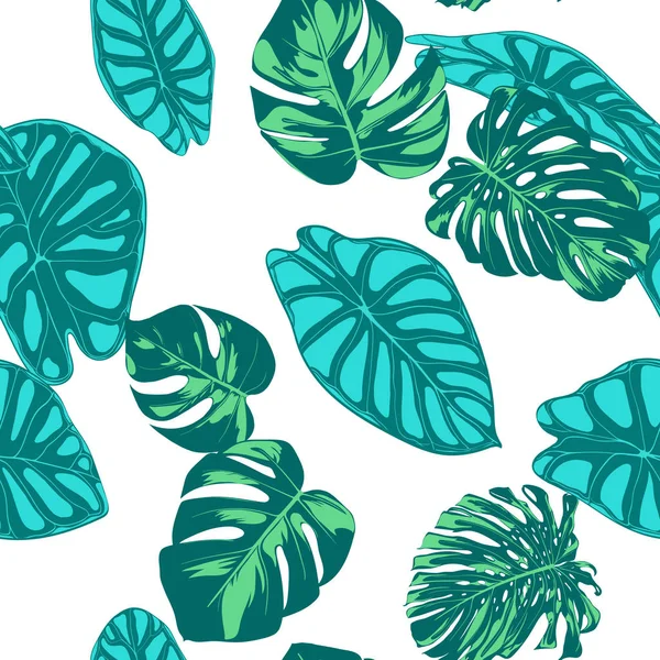 Sömlös vektor tropiska mönster. Monstera palmblad och Alocasia. Djungel bladverk med vattenfärgseffekt. Exotisk Hawaiian textildesign. Sömlös tropiska bakgrunden för tyg, klä, papper, skriva ut — Stock vektor