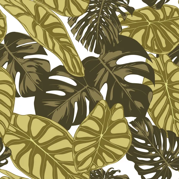 열 대 잎입니다. 손으로 그린 잎 Monstera Alocasia의 완벽 한 패턴입니다. 섬유, 직물에 대 한 이국적인 교감입니다. 트로픽 식물 벡터 완벽 한 배경입니다. 정글 한 단풍 수채화 효과. — 스톡 벡터