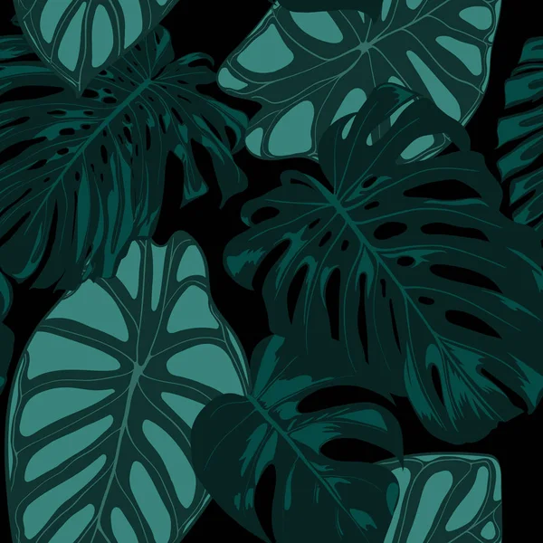 Schema Vector Tropic senza soluzione di continuità. Philodendron e Alocasia Leaves. Fogliame della giungla disegnato a mano in stile acquerello. Sfondo esotico. Foglia tropicale senza cuciture per tessuto, panno, tessuto, decorazione, carta . — Vettoriale Stock