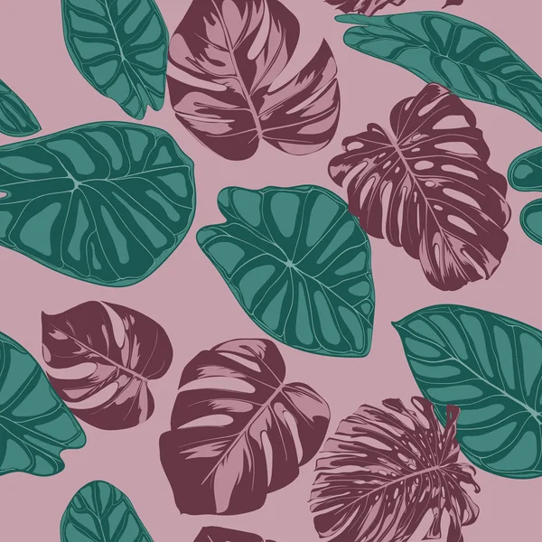 Vector Tropic Seamless Pattern. Philodendron et Alocasia partent. Feuillage de jungle dessiné à la main dans un style aquarelle. Contexte exotique. Feuille tropique sans couture pour textile, tissu, tissu, décoration, papier . — Image vectorielle