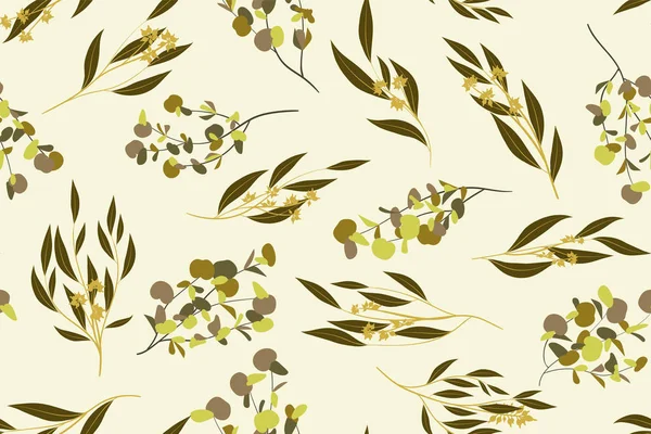 Patrón sin costura de otoño con hojas de eucalipto. Follaje Ramas Naturales. Fondo decorativo en estilo vintage. Patrón de eucalipto sin costura para tela, textil, papel de envolver, tela, vestido, impresión . — Vector de stock