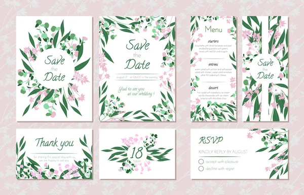 Wedding Card Templates Set with Eucalyptus. Decorative Frames with Leaves, Floral and Herbs Garland. Menu, Rsvp, Label, Invitation with Nature Wreath. Vector Hand Drawn Wedding Cards Isolated on White — Stock Vector