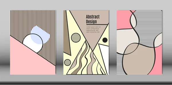 Umfasst Vorlagen mit Bauhaus- und grafischen geometrischen Elementen. Plakate mit handgeschriebenen Wellenstreifen, Dreiecken und abstrakten Vektorformen. einsetzbar für Broschüren, Plakate, Magazine, Layout. — Stockvektor