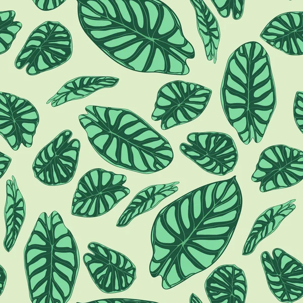 완벽 한 열 대 패턴입니다. 열 대 우림 식물 유행 배경입니다. Alocasia의의 벡터 잎 녹색 Araceae입니다. 수채화 스타일에서 정글 단풍 손으로. 타일, 직물에 대 한 원활한 이국적인 패턴. — 스톡 벡터