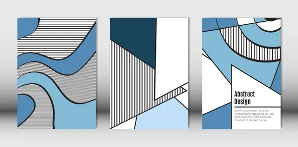Πρότυπα ορίζουν με Bauhaus και γεωμετρικά στοιχεία σε χρώματα μπλε, άσπρο και μαύρο. Σετ πλακάτ με κυματιστές ρίγες, τρίγωνα και αφηρημένη διανυσματικά σχήματα. Καλύμματα για φυλλάδια, αφίσας, περιοδικού, διάταξη. — Διανυσματικό Αρχείο