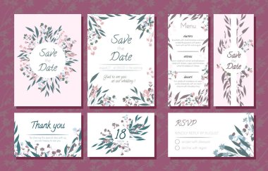 Wedding Card Templates Set with Eucalyptus Branch. Decorative Frames with Leaves, Floral and Herbs Garland. Menu, Rsvp, Label, Invitation with Nature Wreath. Vector Hand Drawn Wedding Cards Isolated. clipart