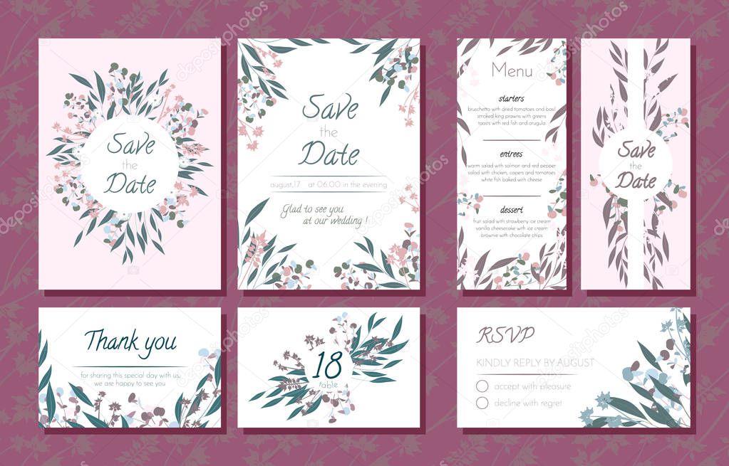 Wedding Card Templates Set with Eucalyptus Branch. Decorative Frames with Leaves, Floral and Herbs Garland. Menu, Rsvp, Label, Invitation with Nature Wreath. Vector Hand Drawn Wedding Cards Isolated.