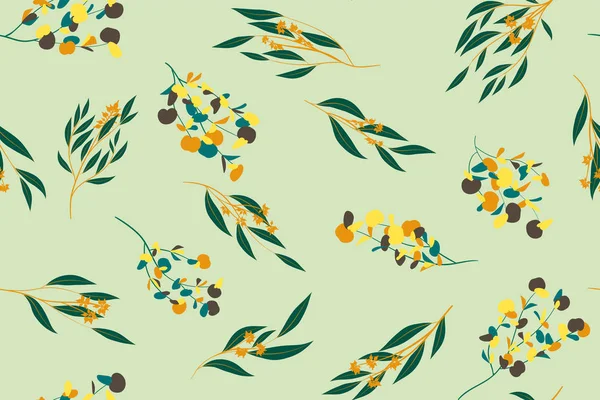 Patrón brillante sin costura floral. Vector Eucalyptus Leaves and Beautiful Blossom Elements. Fondo colorido del verano botánico. Patrón sin costura floral para el diseño de la boda, impresión, textil, tela, papel — Vector de stock