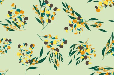 Parlak çiçek Seamless modeli. Vektör Okaliptüs yaprakları ve güzel öğeleri. Renkli botanik yaz arka plan. Düğün tasarım, baskı, tekstil, kumaş, kağıt çiçek Seamless modeli