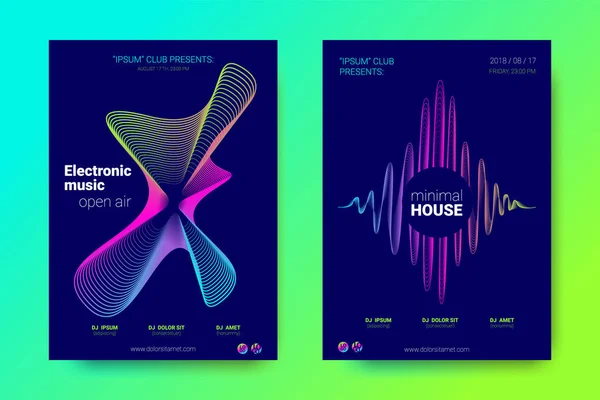 Set de folletos musicales con líneas de onda y distorsión . — Vector de stock