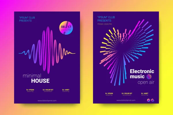 Muziek Posters met Equalizer en Wave kleurrijke vervormde regels. — Stockvector