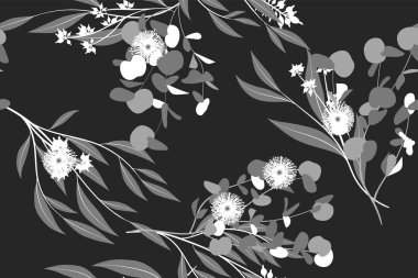 Okaliptüs vektör. Tek renkli Dikişsiz desen vektör yaprak, dal ve çiçek öğe ile. Rustik düğün tasarım, kumaş, tekstil, zarif arka plan elbise. Okaliptüs vektör Vintage tarzı