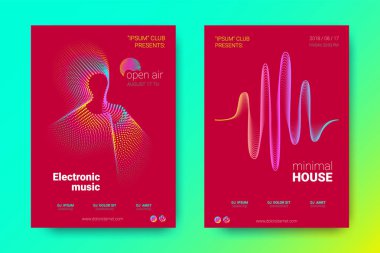 Renkli müzik afişlerin dalgalar ve çarpık mermi ile.