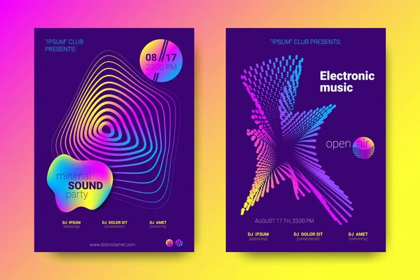 Αφίσες μουσικής με ισοσταθμιστή και κύμα πολύχρωμο παραμορφωμένες γραμμές. — Διανυσματικό Αρχείο
