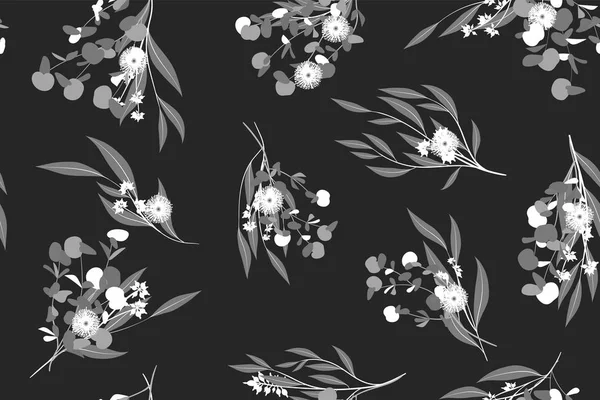 Вектор эвкалипта. Монохромный бесцветный платок с векторными листьями, ветвями и цветочным слоем. Элегантный фон для сельский свадебный дизайн, ткань, текстиль, платье. Вектор эвкалипта в винтажном стиле — стоковый вектор