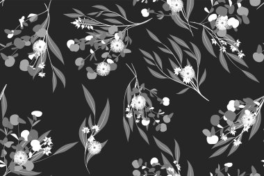 Okaliptüs vektör. Tek renkli Dikişsiz desen vektör yaprak, dal ve çiçek öğe ile. Rustik düğün tasarım, kumaş, tekstil, zarif arka plan elbise. Okaliptüs vektör Vintage tarzı