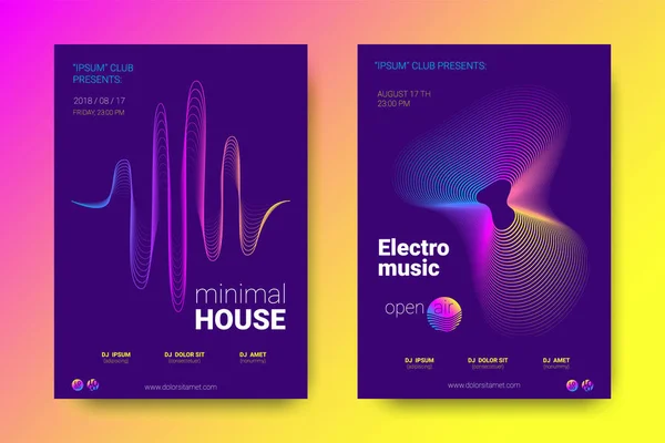 Affiches musicales avec égaliseur et vagues de lignes déformées colorées . — Image vectorielle