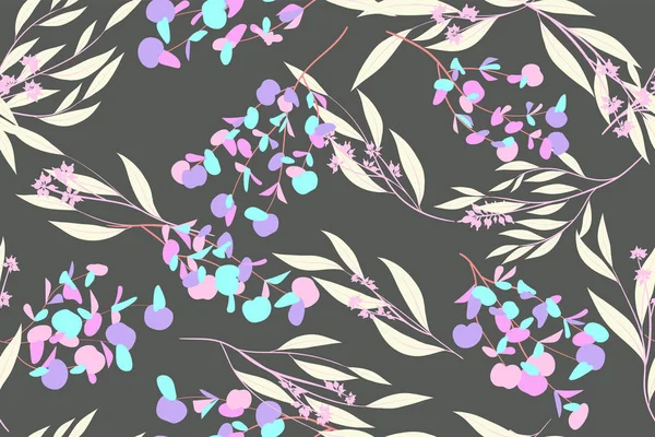 Eucalyptus Vector. Patrón inconsútil colorido con hojas vectoriales, ramas y elementos florales. Fondo elegante para el diseño de la boda, tela, textil, vestido. Vector de eucalipto en el diseño de color pastel . — Archivo Imágenes Vectoriales