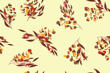 Okaliptüs yaprakları ile sonbahar Seamless modeli. Yeşillik doğal dalları. Dekoratif arka planda Vintage tarzı. Kumaş, tekstil, ambalaj kağıdı, bez, elbise, sorunsuz okaliptüs Desenini Yazdır.