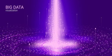 Sanal bilgi akışı. Dijital büyük veri analizi. Kozmik fraktal hareketi parlayan elemanları ile. Teknoloji fütüristik arka plan. 3D Sanal soyutlama. Büyük ikili dalga görselleştirme.