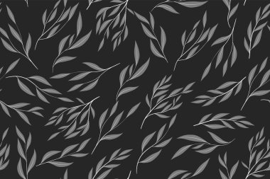 Okaliptüs vektör. Tek renkli Dikişsiz desen vektör yaprak, dal ve çiçek öğe ile. Rustik düğün tasarım, kumaş, tekstil, zarif arka plan elbise. Okaliptüs vektör Vintage tarzı