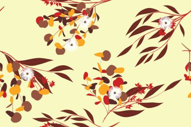 Okaliptüs yaprakları ile sonbahar Seamless modeli. Yeşillik doğal dalları. Dekoratif arka planda Vintage tarzı. Kumaş, tekstil, ambalaj kağıdı, bez, elbise, sorunsuz okaliptüs Desenini Yazdır.