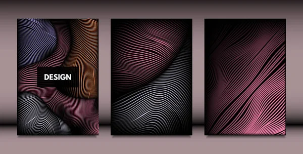 Formas onduladas abstratas com efeito 3d. Modelos de Design de Capa Set com Gradiente Vibrante e Listras Onduladas em Estilo Mínimo. Abstração vetorial com linhas distorcidas. Formas onduladas para capa, folheto, livro — Vetor de Stock