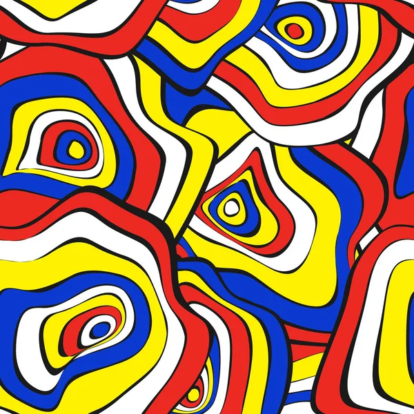 Hand getrokken golvende cirkels. Abstracte naadloze achtergrond in etnische stijl. Vector psychedelische patroon met misvormde rondes. Naadloze golfpatroon voor stof, textiel, doek ontwerp. Vervorming, Spots. — Stockvector