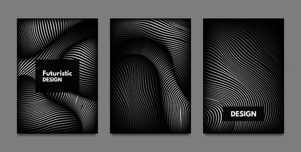 Verstoring van de lijnen. Abstracte achtergronden met levendige kleurovergang en golvende strepen. Monochroom Cover Sjablonen Set met Volume en Metallic Effect. Vervormde Shapes voor bedrijfspresentatie, Brochure. — Stockvector