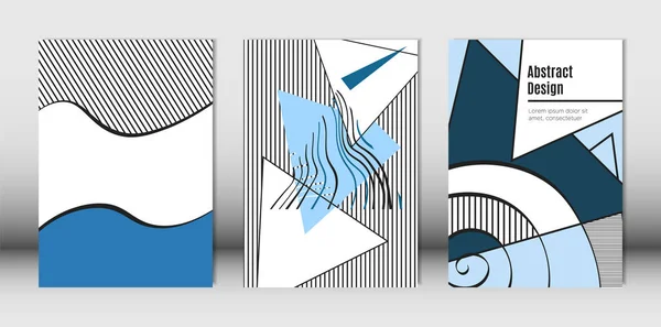 バウハウスおよび幾何学的な青、白と黒の色の要素とテンプレートを設定します。ウェーブ ストライプ、三角形および抽象的なベクトル図形でプラカードのセット。パンフレット、ポスター、雑誌、レイアウトのカバー. — ストックベクタ