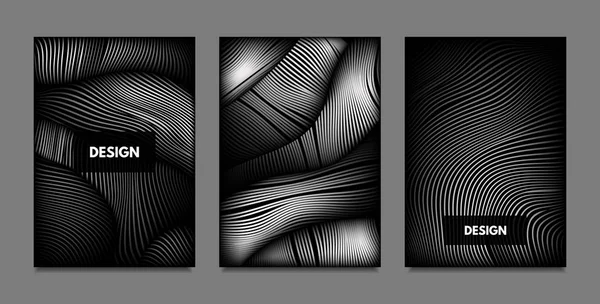 Verzerrung der Linien. abstrakte Hintergründe mit lebendigem Verlauf und gewellten Streifen. Monochrome Einband-Vorlagen mit Volumen und Metallic-Effekt. verzerrte Formen für Unternehmenspräsentation, Broschüre. — Stockvektor