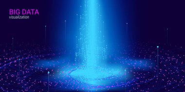 Büyük veri vektör görselleştirme. 3D fütüristik kozmik tasarım. Teknolojik altyapı. Görsel sunum büyük veri analizi. Kızdırma fraktal fütüristik stil öğe. Bilgi akışı.