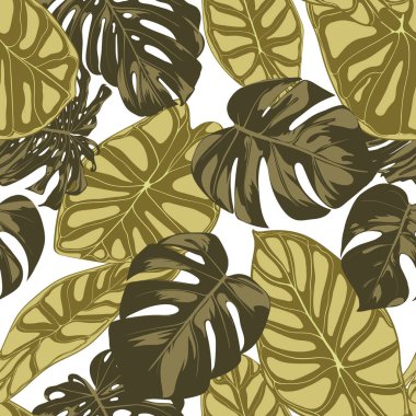 Tropikal yaprak. Monstera ve Alocasia elle çizilmiş yaprakları ile Seamless modeli. Tekstil, kumaş için egzotik uyum. Vektör sorunsuz arka plan tropik bitkiler ile. Orman bitki örtüsü. Suluboya efekti.