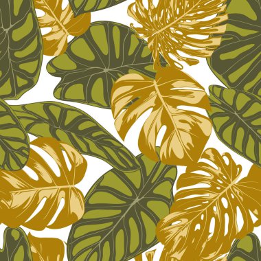 Sorunsuz elle çizilmiş botanik egzotik desenle bitkiyi ve Alocasia bırakır. Vektör orman bitki örtüsü suluboya tarzında. Tekstil, kumaş, kumaş, kağıt için sorunsuz Tropic yaprak arka plan.