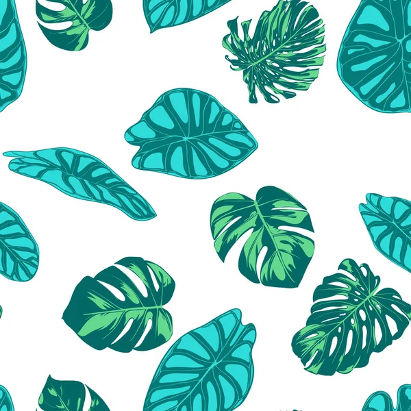 원활한 벡터 열 대 패턴입니다. Monstera 팜 잎과 Alocasia입니다. 수채화 효과와 정글 단풍입니다. 이국적인 하와이 섬유 디자인입니다. 완벽 한 열 대 배경, 직물, 종이, 인쇄 — 스톡 벡터