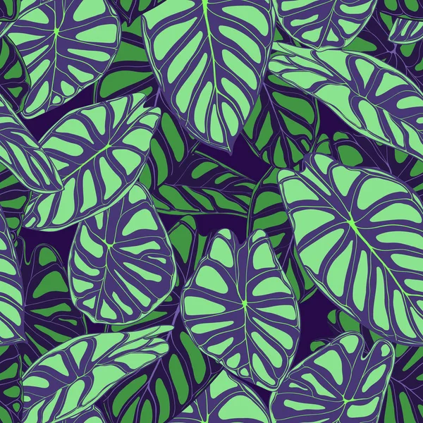 Fondo tropical sin fisuras. Hojas vectoriales de locasia o filodendro en estilo acuarela. Follaje de las plantas de la selva. Patrón exótico sin costura para textiles, diseño de tela, tela, decoración, envoltura, azulejo . — Vector de stock