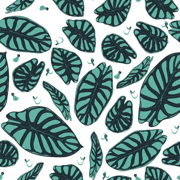 완벽 한 열 대 패턴입니다. 열 대 우림 식물 유행 배경입니다. Alocasia의의 벡터 잎 Araceae입니다. 수채화 스타일에서 정글 단풍 손으로. 섬유, 직물에 대 한 원활한 이국적인 패턴. — 스톡 벡터