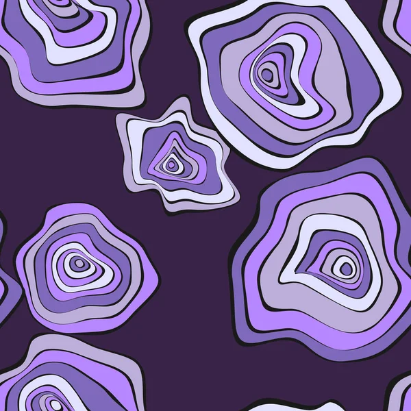 Des taches déformées ondulées. Purple Abstract Background. Modèle sans couture avec des cercles déformés. Illustration psychédélique vectorielle avec des rondes colorées. Modèle sans couture ondulé pour tissu, textile, conception de tissu . — Image vectorielle