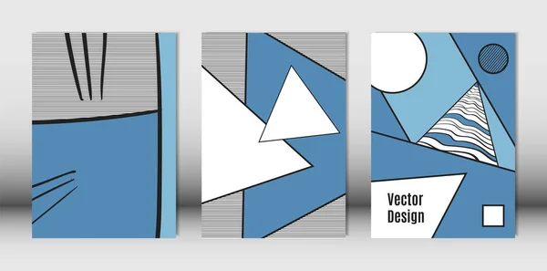 Templates Set avec Bauhaus et éléments géométriques en bleu, blanc et noir. Plaques serties de bandes ondulées, de triangles et de formes vectorielles abstraites. Couverture pour Brochures, Affiche, Magazine, Mise en page . — Image vectorielle