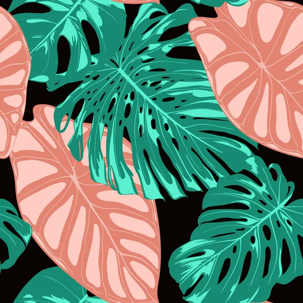 Patrón Tropical. Fondo sin costura con hojas dibujadas a mano de Monstera y Alocasia. Exotic Rapport for Textile, Tela. Patrón sin costura vectorial con plantas tropicales. Jungle Foliage. Estilo acuarela . — Vector de stock