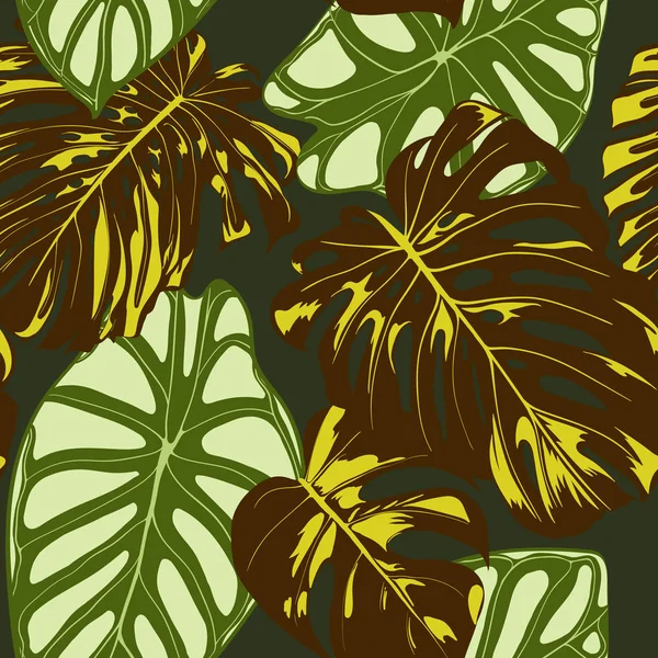 열 대 식물으로 원활한 이국적인 패턴입니다. 손 그리기 Monstera 손바닥 벡터 배경 나뭇잎. 옷감, 섬유 디자인에 대 한 밝은 교감. 정글 한 단풍 완벽 한 열 대 패턴 Alocasia. — 스톡 벡터