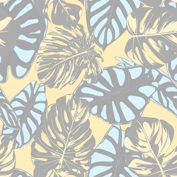 Padrão Tropical Vector sem costura em Pastel Color Design. Monstera Palm Leaves e Alocasia. Folhagem da selva com efeito aquarela. Projeto de tecido havaiano exótico. Fundo tropical sem costura para impressão — Vetor de Stock