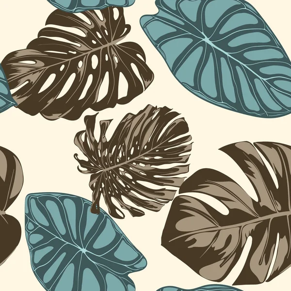 Tropical Leaves. Patrón sin costura con hojas dibujadas a mano de Monstera y Alocasia. Exotic Rapport for Textile, Tela. Fondo sin costura vectorial con plantas tropicales. Jungle Foliage. Efecto acuarela . — Vector de stock