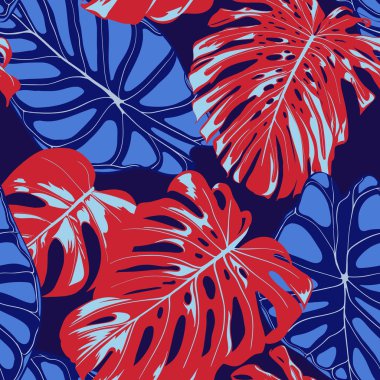 Tropikal desen. El ile sorunsuz arka plan Monstera ve Alocasia yaprakları çizilmiş. Tekstil, kumaş için egzotik uyum. Vektör tropik bitkiler ile Seamless modeli. Orman bitki örtüsü. Suluboya stili.